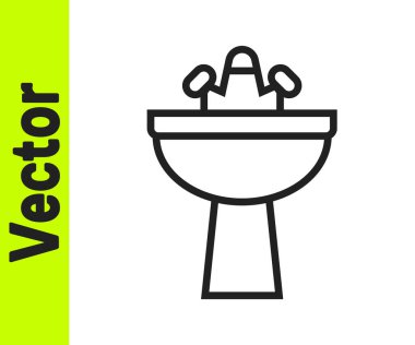 Beyaz zemin üzerinde su musluğu simgesi olan siyah çizgili lavabo. Vektör.