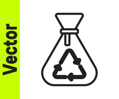 Siyah çizgi çöp torbası, beyaz arka planda izole edilmiş geri dönüşüm sembolü simgesi. Çöp kutusu simgesi. Geri dönüşüm sepeti işareti. Vektör.