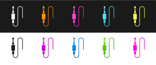 Установите значок Audio jack изолированный на черно-белом фоне. Аудиокабель для подключения звукового оборудования. Провод вилки. Музыкальный инструмент. Вектор.