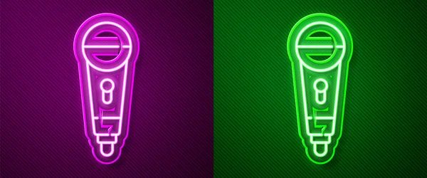 Glowing Neon Line Microphone Icon Isolated Purple Green Background Air — Stock Vector