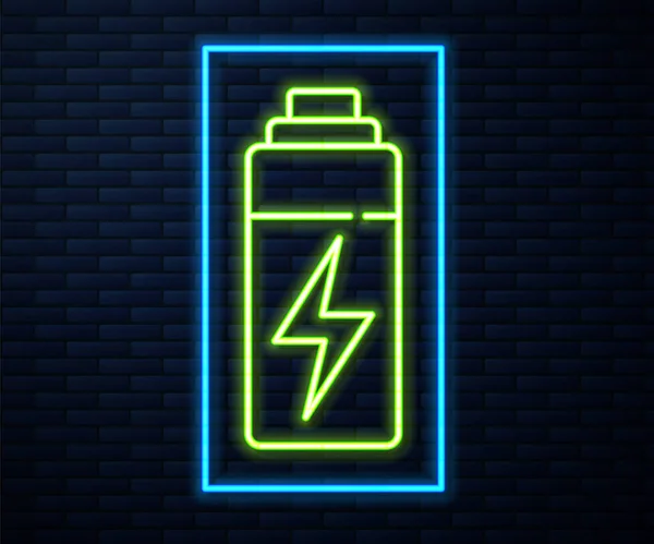 Glödande Neon Line Batteriikonen Isolerad Tegelvägg Bakgrund Blixt Bult Symbol — Stock vektor