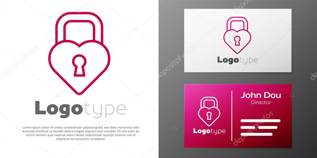 Logotype line Castle in the shape of a heart icon isolated on white background. Locked Heart. Love symbol and keyhole sign. Logo design template element. Vector.