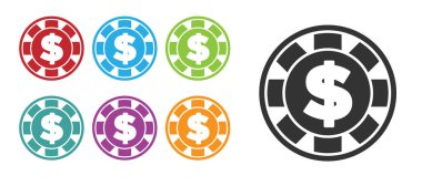 Beyaz arka planda dolar sembolü olan siyah kumarhane çipi. Kumarhane kumarı. Simgeleri renklendirin. Vektör.