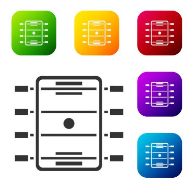 Beyaz arkaplanda siyah hokey masası simgesi izole edildi. Futbol masası. Renkli kare düğmelerle simgeleri ayarla. Vektör.