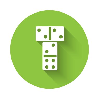 Beyaz Domino simgesi uzun gölgeli izole edilmiş. Yeşil daire düğmesi. Vektör.