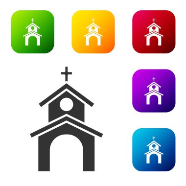 Siyah Kilise binası ikonu beyaz arka planda izole edilmiş. Hıristiyan Kilisesi. Kilisenin dini. Renkli kare düğmelerle simgeleri ayarla. Vektör.