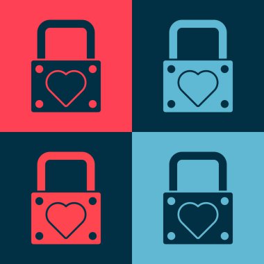 Pop sanat kilidi ve kalp ikonu renk arkaplanında izole edilmiş. Kilitli Kalp. Aşk sembolü ve anahtar deliği işareti. Sevgililer Günü sembolü. Vektör.