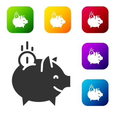 Siyah domuz kumbarası ve beyaz arka planda izole edilmiş madeni para simgesi. Tasarruf ya da para birikimi, yatırım. Renkli kare düğmelerle simgeleri ayarla. Vektör.