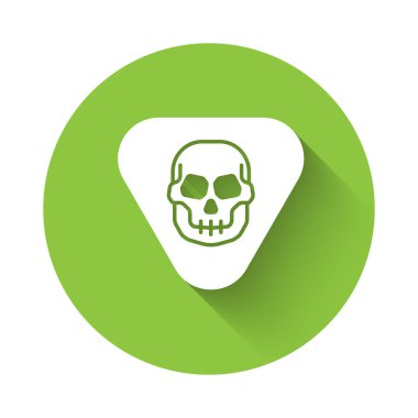 Beyaz Gitar penası simgesi uzun gölgeli izole edilmiş. Müzik aleti. Yeşil daire düğmesi. Vektör.