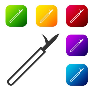 Beyaz arka planda izole edilmiş tahta saplı siyah metal mızrak direği. Mızrak, kazma, kanca elle söndürme aleti ve itfaiyeci için alet. Renkli kare düğmelerle simgeleri ayarla. Vektör.