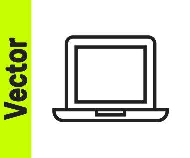 Siyah çizgi dizüstü bilgisayar simgesi beyaz arkaplanda izole edildi. Boş ekran işaretli bilgisayar defteri. Vektör İllüstrasyonu.