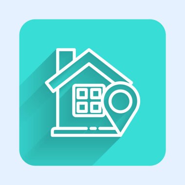 Beyaz çizgi harita işaretçisi, uzun gölgeli ev simgesiyle izole edilmiş. Ev konumu belirleyici sembol. Yeşil kare düğmesi. Vektör İllüstrasyonu.