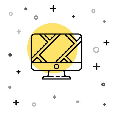 Siyah çizgi bilgisayar monitörü ve beyaz zemin üzerinde konum belirleyici simgesi olan katlanmış harita. Rastgele dinamik şekiller. Vektör İllüstrasyonu.