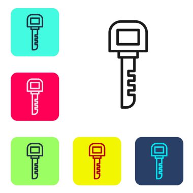 Beyaz arkaplanda siyah çizgi anahtar simgesi izole edildi. Renkli kare düğmelerle simgeleri ayarla. Vektör İllüstrasyonu.