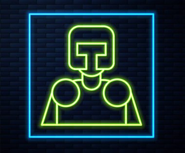 Parlayan neon hattı Ortaçağ şövalyesi simgesi tuğla duvar arkasında izole edilmiş. Vektör.