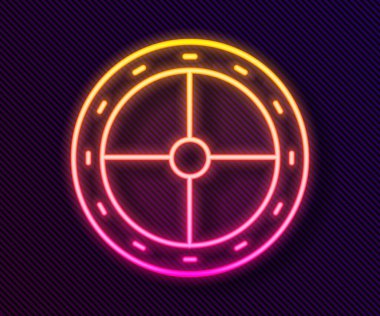 Parlayan neon çizgisi yuvarlak tahta kalkan ikonu siyah arkaplanda izole edildi. Güvenlik, güvenlik, koruma, mahremiyet, koruma kavramı. Vektör.