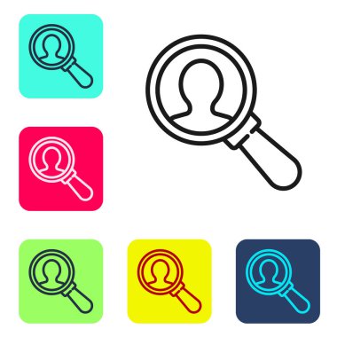 Beyaz arka planda izole edilmiş bir insan simgesini aramak için siyah çizgi büyüteç. İşe alım ya da seçim konsepti. Çalışanları ve işi ara. Renkli kare düğmelerle simgeleri ayarla. Vektör.