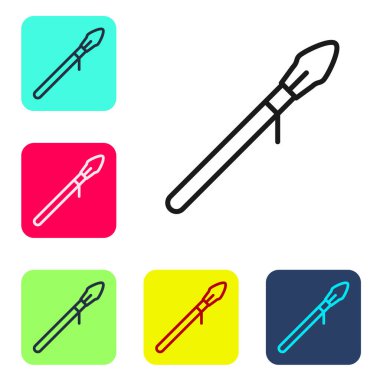 Siyah çizgi ortaçağ mızrak simgesi beyaz arkaplanda izole edilmiş. Ortaçağ silahı. Renkli kare düğmelerle simgeleri ayarla. Vektör.