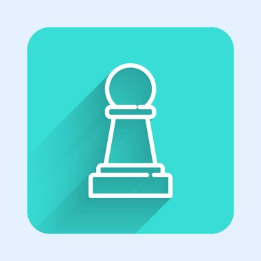 Beyaz çizgi satranç ikonu uzun gölgeli izole edilmiş. İş stratejisi. Oyun, yönetim, finans. Yeşil kare düğmesi. Vektör.