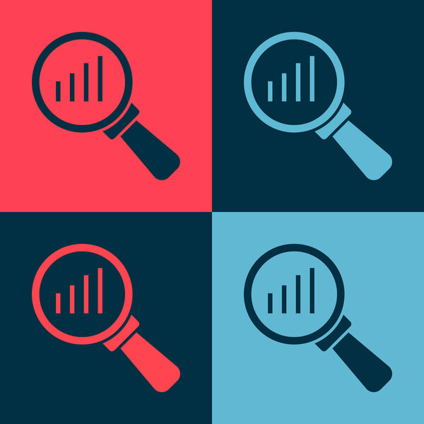 Pop art Magnifying glass and data analysis icon isolated on color background.  Vector.