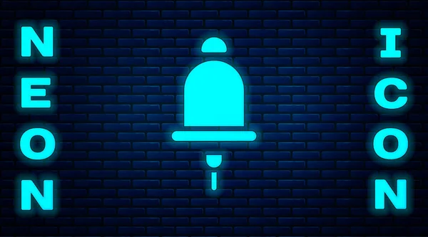 Gloeiende Neon Ringing Alarm Bel Pictogram Geïsoleerd Baksteen Muur Achtergrond — Stockvector