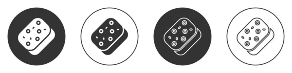白地に泡のアイコンが隔離されたブラックスポンジ 皿を洗うためのトーストのワシ 清掃サービスのロゴ 丸ボタン ベクトル — ストックベクタ