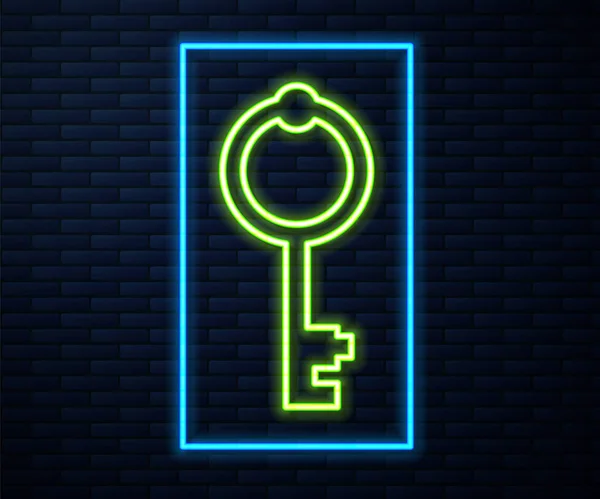 Gloeiende Neon Lijn Oude Sleutel Pictogram Geïsoleerd Baksteen Muur Achtergrond — Stockvector