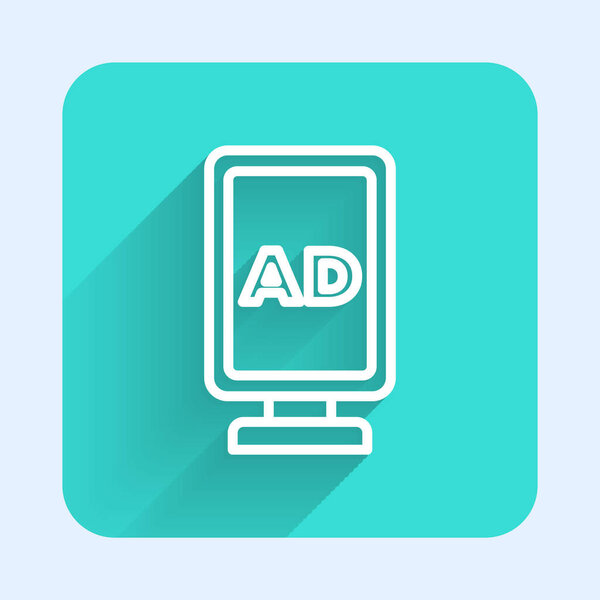 White line Advertising icon isolated with long shadow. Concept of marketing and promotion process. Responsive ads. Social media advertising. Green square button. Vector.