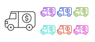 Beyaz arka planda siyah çizgi zırhlı kamyon ikonu izole edildi. Simgeleri renklendirin. Vektör.