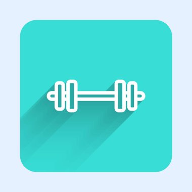 Beyaz çizgi Barbell simgesi uzun gölgeli izole edilmiş. Kas kaldırma ikonu, fitness halteri, spor aletleri, egzersiz yaban domuzu. Yeşil kare düğmesi. Vektör.