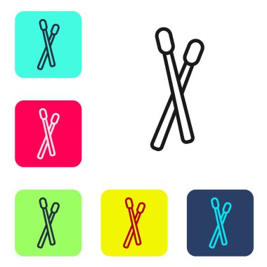 Siyah çizgili Drum çubukları simgesi beyaz arkaplanda izole edildi. Müzik aleti. Renkli kare düğmelerle simgeleri ayarla. Vektör.