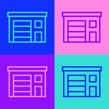 Pop sanat hattı itfaiye ikonu binası renk arkaplanında izole edildi. İtfaiye binası. Vektör.