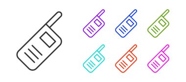 Beyaz arkaplanda siyah çizgi telsiz ikonu izole edildi. Taşınabilir radyo vericisi simgesi. Radyo alıcı-vericisi işareti. Simgeleri renklendirin. Vektör.