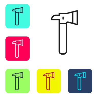 Beyaz arka planda siyah çizgi itfaiye baltası ikonu var. Yangın baltası. Renkli kare düğmelerle simgeleri ayarla. Vektör.