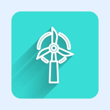 Beyaz çizgi rüzgar türbini ikonu uzun gölgeli izole edilmiş. Rüzgar jeneratörü işareti. Elektrik üretimi için yel değirmeni. Yeşil kare düğmesi. Vektör.