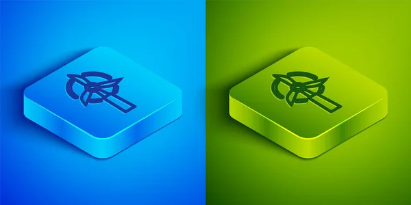 Isometric line Wind turbine icon isolated on blue and green background. Wind generator sign. Windmill for electric power production. Square button. Vector.