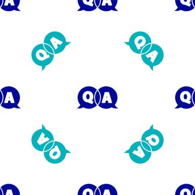 Soru ve Yanıt simgesiyle mavi konuşma baloncukları beyaz arkaplanda izole edilmiş kusursuz desen. Q ve A sembolü. SSS işareti. Konuşma balonu ve çizelgesi. Vektör İllüstrasyonu.
