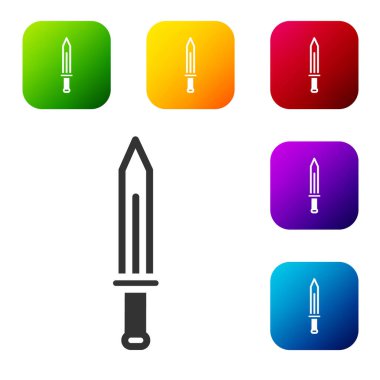 Siyah Ortaçağ kılıç simgesi beyaz arka planda izole edilmiş. Ortaçağ silahı. Renkli kare düğmelerle simgeleri ayarla. Vektör.