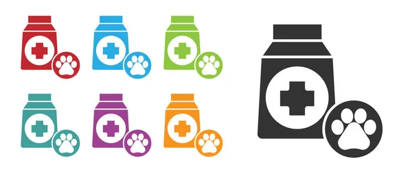 白色背景的狗图标用的黑色食物包 狗爪或猫爪印 动物的食物 宠物食品包 设置彩色图标 — 图库矢量图片