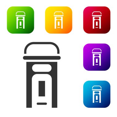 Beyaz arka planda siyah Londra telefon kulübesi simgesi izole edildi. Londra 'daki klasik İngiliz telefon kulübesi. İngiliz telefon kulübesi. Renkli kare düğmelerle simgeleri ayarla. Vektör.