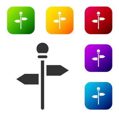 Siyah Yol trafik tabelası. Beyaz arkaplanda sinyal simgesi izole edildi. İşaretçi sembolü. Sokak bilgi tabelası. Yön tabelası. Renkli kare düğmelerle simgeleri ayarla. Vektör.