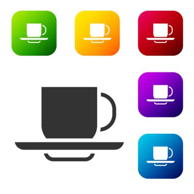 Beyaz arkaplanda siyah kahve bardağı simgesi var. Çay fincanı. Sıcak içecek kahvesi. Renkli kare düğmelerle simgeleri ayarla. Vektör.