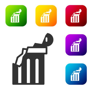 Siyah Kırık Antik sütun simgesi beyaz arkaplanda izole edildi. Renkli kare düğmelerle simgeleri ayarla. Vektör.