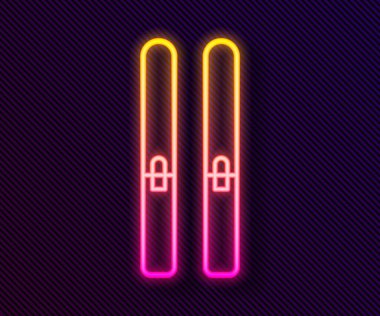 Parlak neon hattı Kayak ve Çubuk simgesi siyah arkaplanda izole edildi. Olağanüstü bir spor. Kayak ekipmanları. Kış sporları ikonu. Vektör İllüstrasyonu.