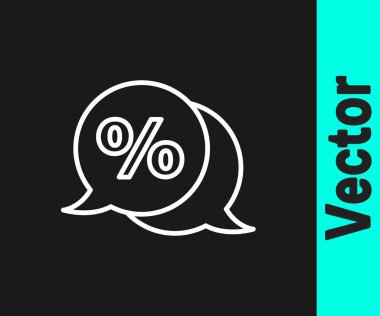 Beyaz çizgi indirimli etiket simgesi siyah arkaplanda izole edildi. Etiket alışverişi. Özel teklif işareti. İndirim kuponları sembolü. Vektör İllüstrasyonu.