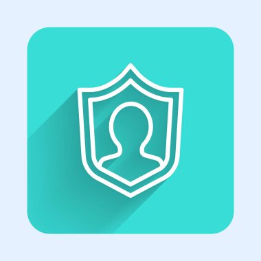 Beyaz çizgi Kullanıcı koruma simgesi uzun gölgeyle izole edildi. Güvenli kullanıcı girişi, şifre koruması, kişisel veri koruması, kimlik doğrulaması. Yeşil kare düğmesi. Vektör.