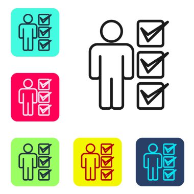 Siyah çizgi kullanıcısı beyaz arka planda izole edilmiş takım elbiseli adam simgesi. İş simgesi kullanıcı profili simgesi simgesi. Erkek kullanıcı işareti. Renkli kare düğmelerle simgeleri ayarla. Vektör.