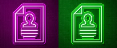 Parlayan neon çizgisi. Mor ve yeşil arkaplanda izole edilmiş simgeye devam et. Özgeçmiş başvurusu. Profesyonel personel aranıyor. Personel analizi devam ediyor. Vektör.