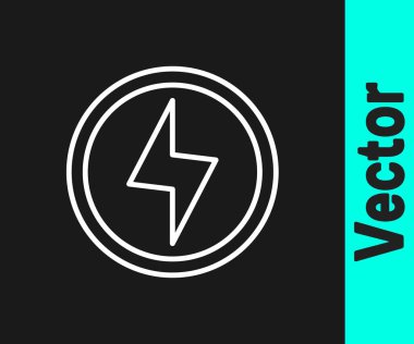 Beyaz çizgi Şimşek simgesi siyah arkaplanda izole edildi. Flaş işareti. Flaş ikonunu yükle. Gök gürültüsü. Yıldırım çarpması. Vektör.