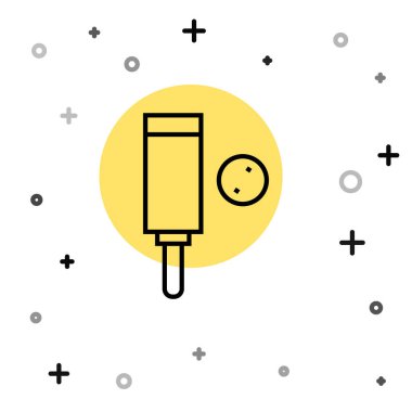 Beyaz arka planda siyah çizgi ahşap kriket sopası ve top ikonu var. Rastgele dinamik şekiller. Vektör.